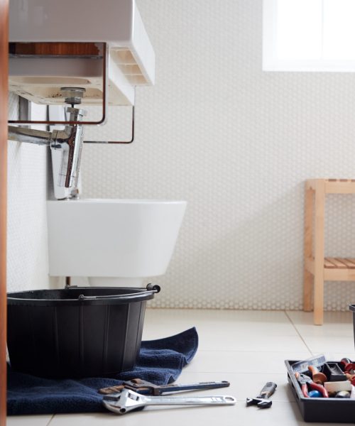 Plumbing Tools In Bathroom Ready To Repair Leaking Sink